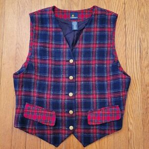 Lizsport Wool Plaid Vest Navy Red Cinch Back Waistcoat School Girl Preppy Granny